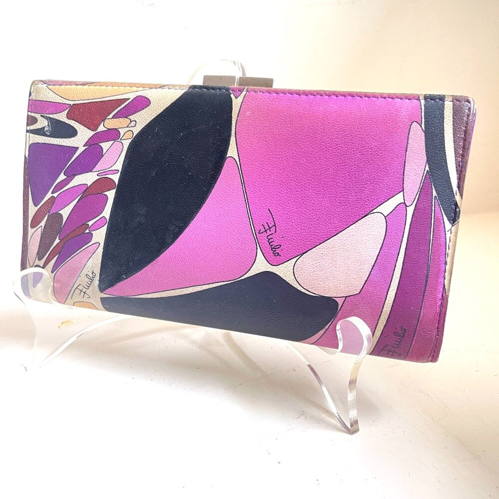 Emillio Pucci Vintage Leather Kiss lock Geometric long wallet